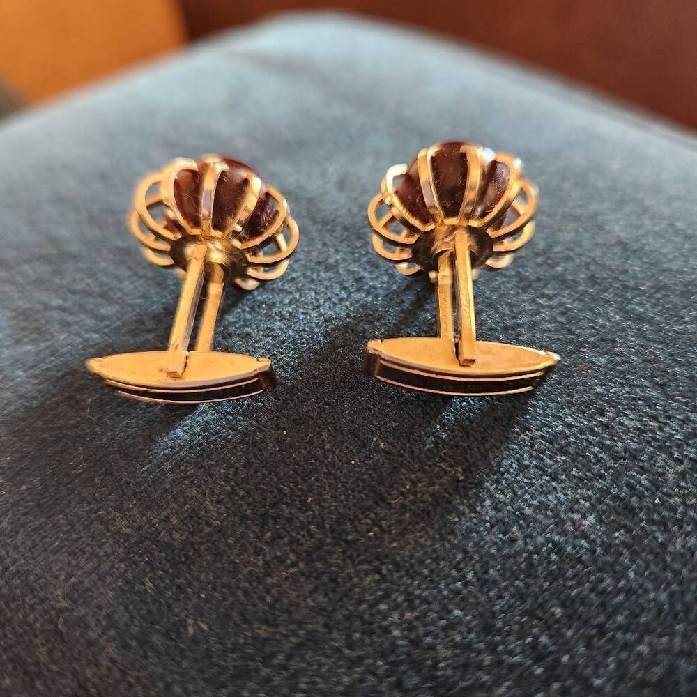 Cufflinks vintage gold tone red marble stone claw mens jewelry - Picture 5 of 5